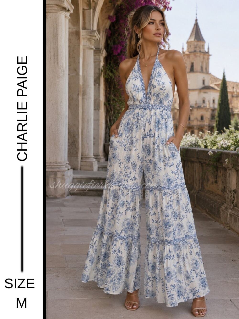 ✨  MSRP $148 | Charlie Paige Blue Floral Halter Palazzo Jumpsuit | Size MEDIUM✨